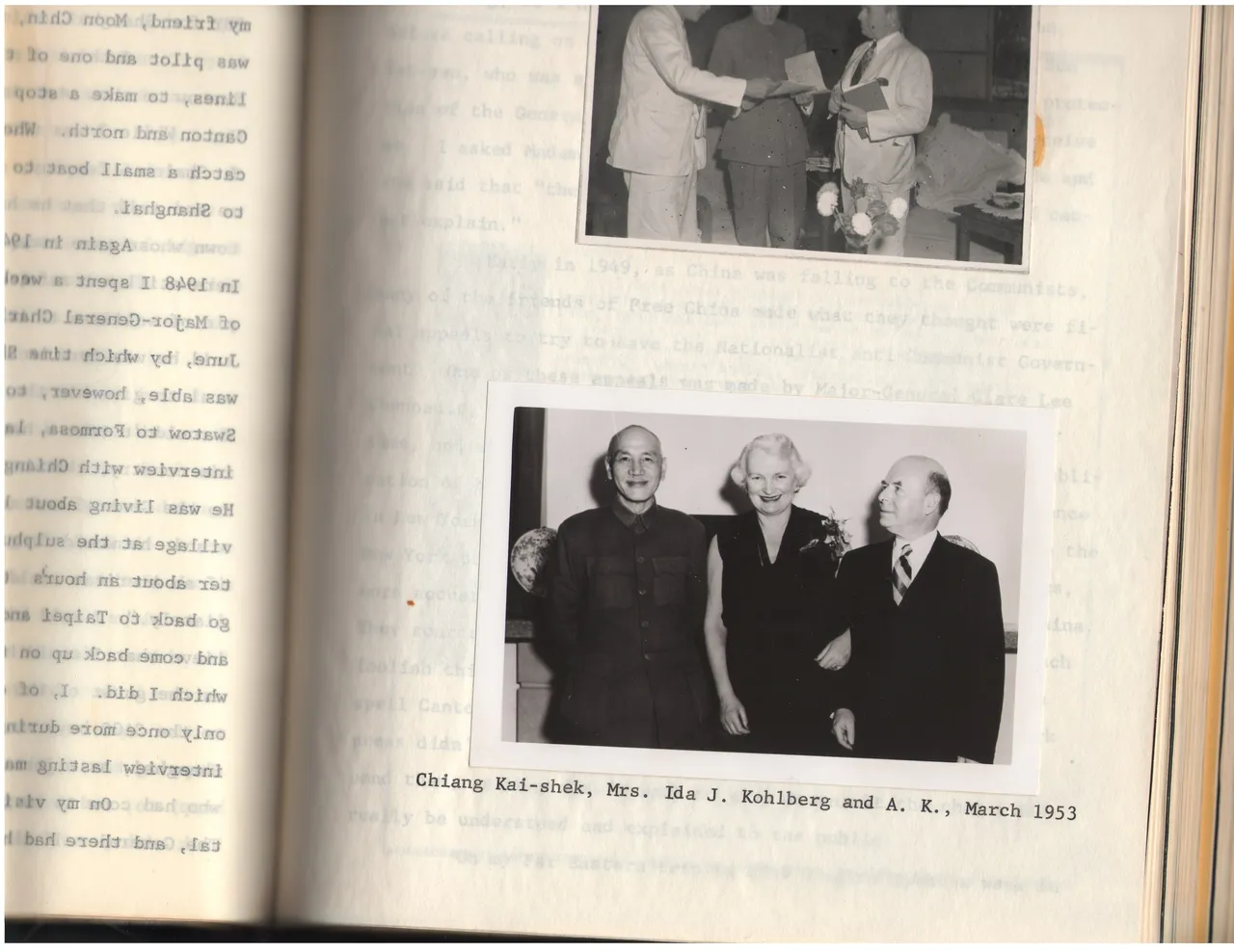 Printed book photograph: Chiang Kai-shek, Mrs. Ida J. Kohlberg and A. K., March 1953.